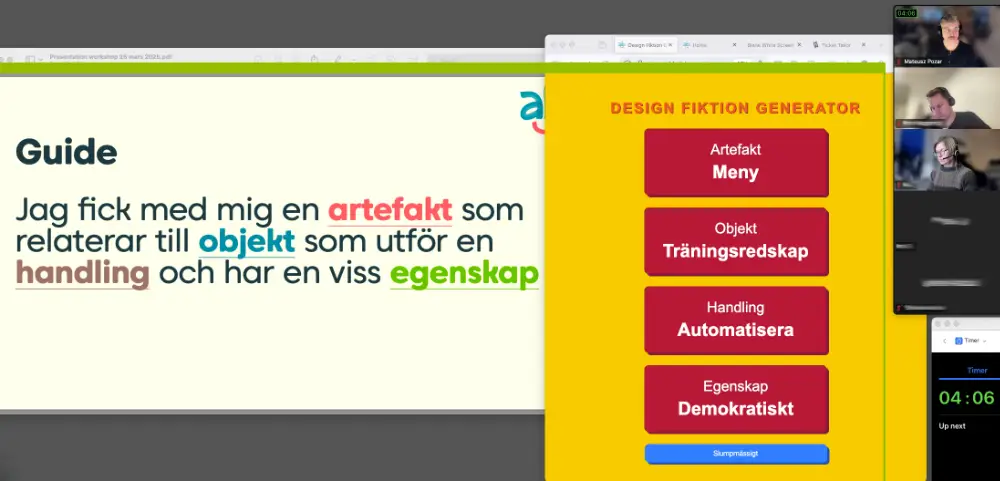 Skärmbild från online Design Fiction Kit-workshopsession